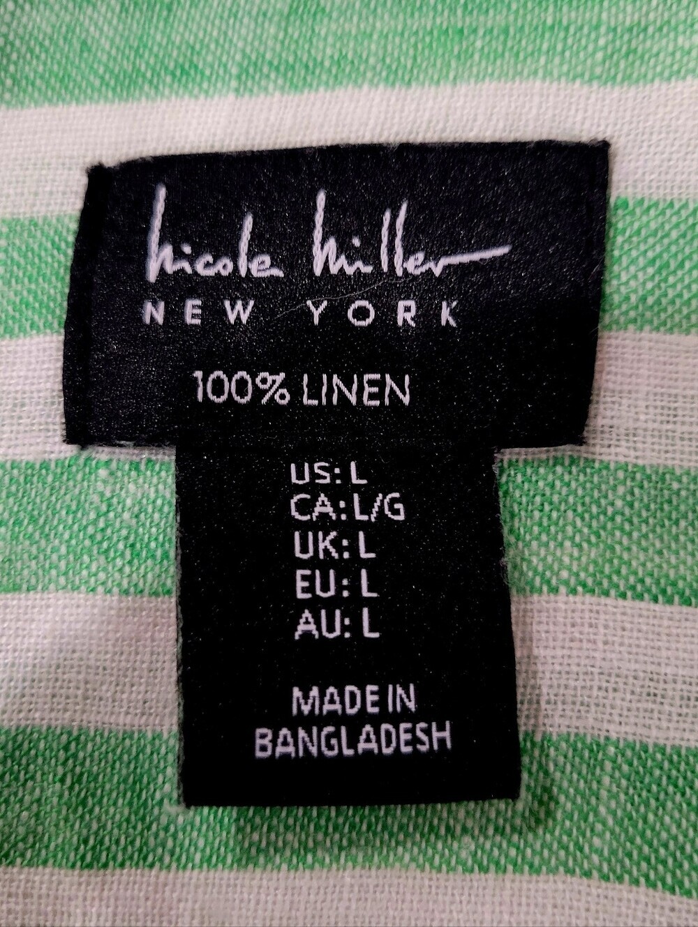 Nicole Miller 100% Linen Green & White Striped Button-Up Blouse | Size Large - Picture 6 of 7